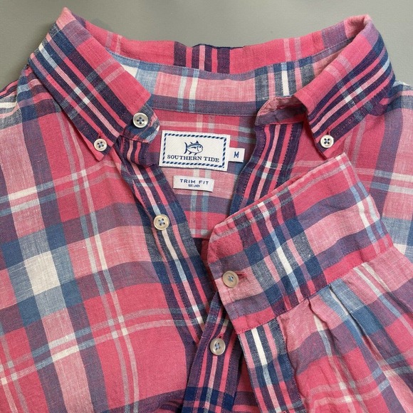 Southern Tide Linen Trim Fit Skipjack Pink Blue Plaid Button Up Shirt Medium M - Picture 2 of 14
